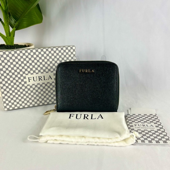FURLA Handbags - FURLA Black and Gold Hardware Compact Italian Leather Zippy Minimalist Wallet